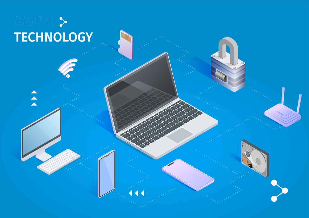 數(shù)字技術(shù)水平橫幅云計算和存儲抽象的設(shè)計理念筆記本電腦云和中央處理器托管和數(shù)據(jù)處理3D等距矢量圖數(shù)字技術(shù)橫幅云計算存儲